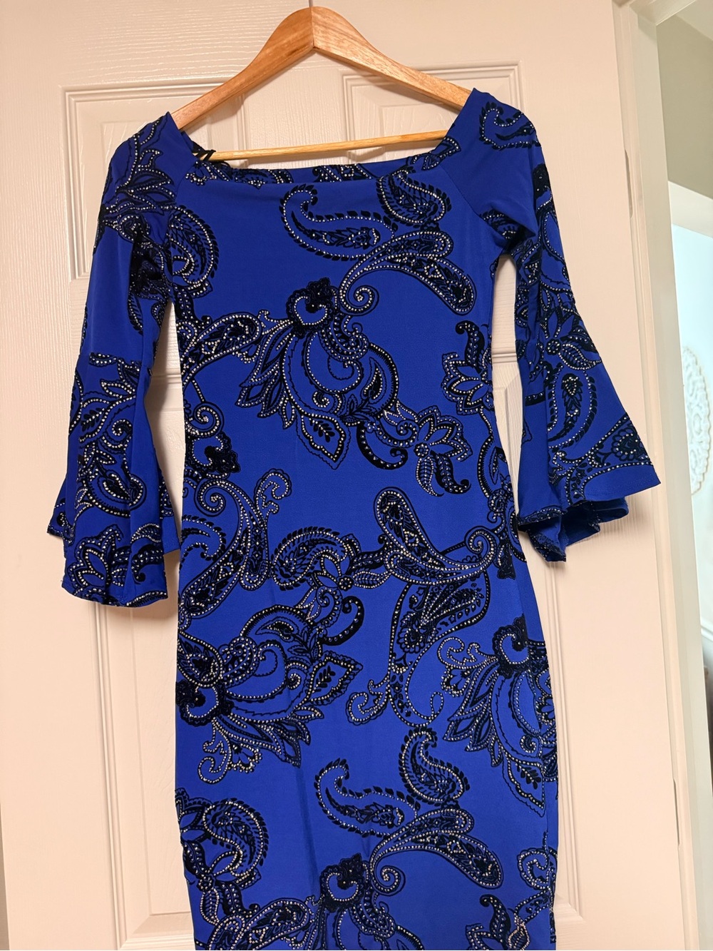 Olivia Matthews Royal Blue Beaded Paisley Bell-Sleeve Dress
